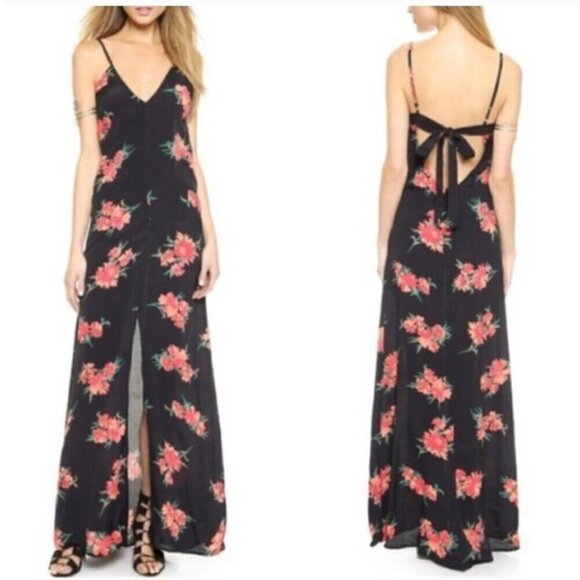 New Flynn Skye Black Floral Kennedy Maxi Dress Women XS Spaghetti Strap Slit - Picture 2 of 10
